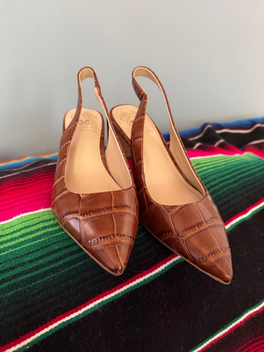 Vince Camuto Brown Croc-Embossed Slingback Pointed Toe Pumps